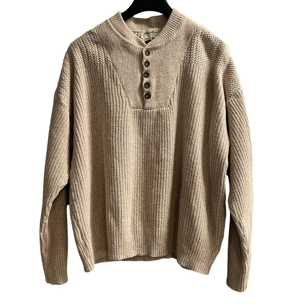 Vintage Eddie Bauer Sweater Beige 1/4 Button Pullover Fisherman Heritage Preppy - Picture 1 of 12
